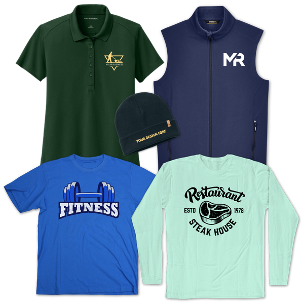 Assorted custom branded apparel from Exzee Clothing — embroidered polo, logo vest, beanie, printed fitness t-shirt, and restaurant long sleeve for businesses and teams