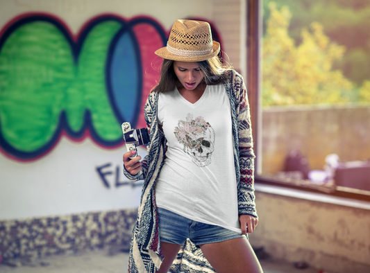 Distressed Flower Skull V-Neck T-Shirt